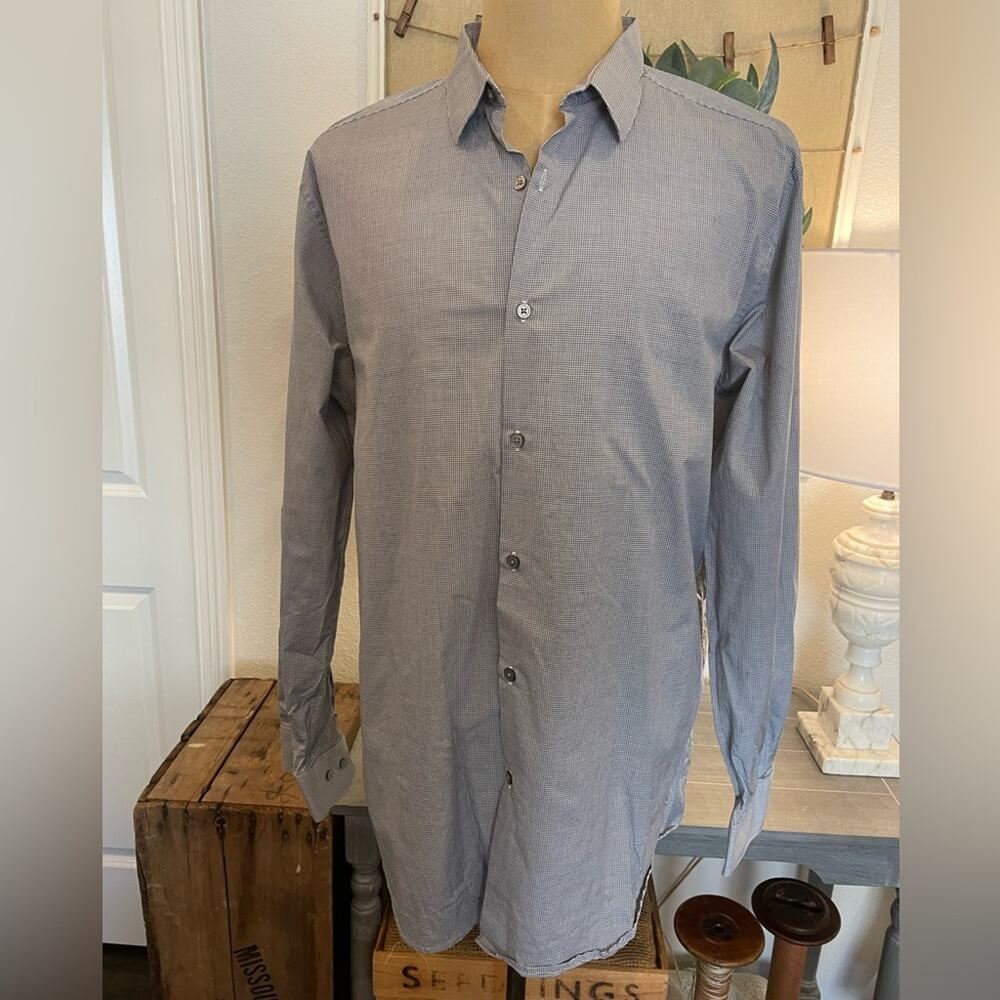 THEORY Checked Casual Button Up Shirt Top Navy White men size 17 1/2
